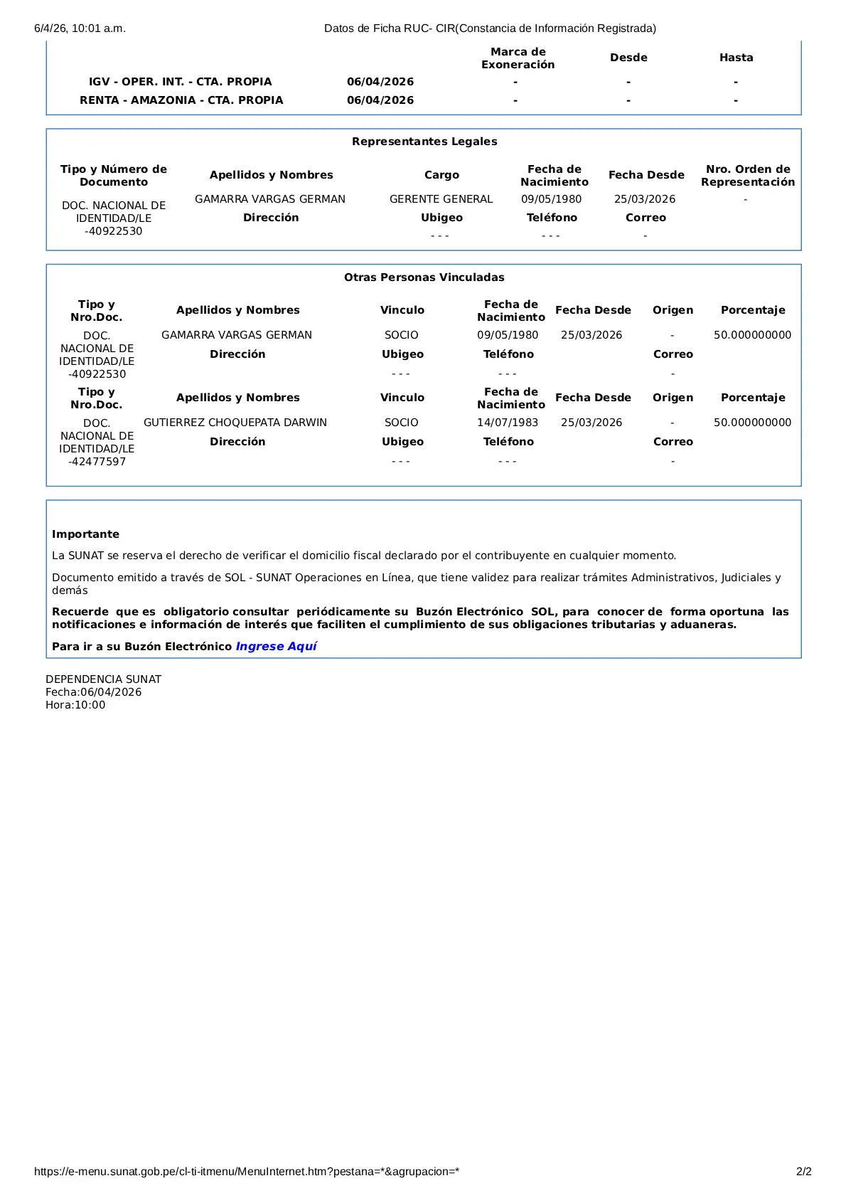 SUNAT Tax Registration Certificate